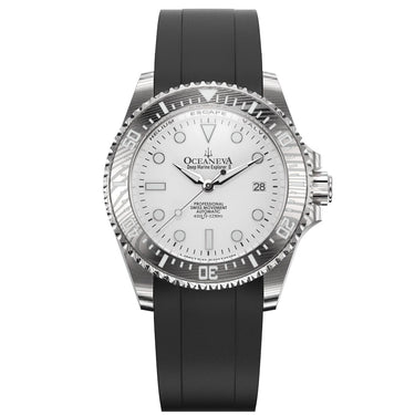 Oceaneva Mens Deep Marine Explorer II Damascus Steel Watch White Dial Black Strap